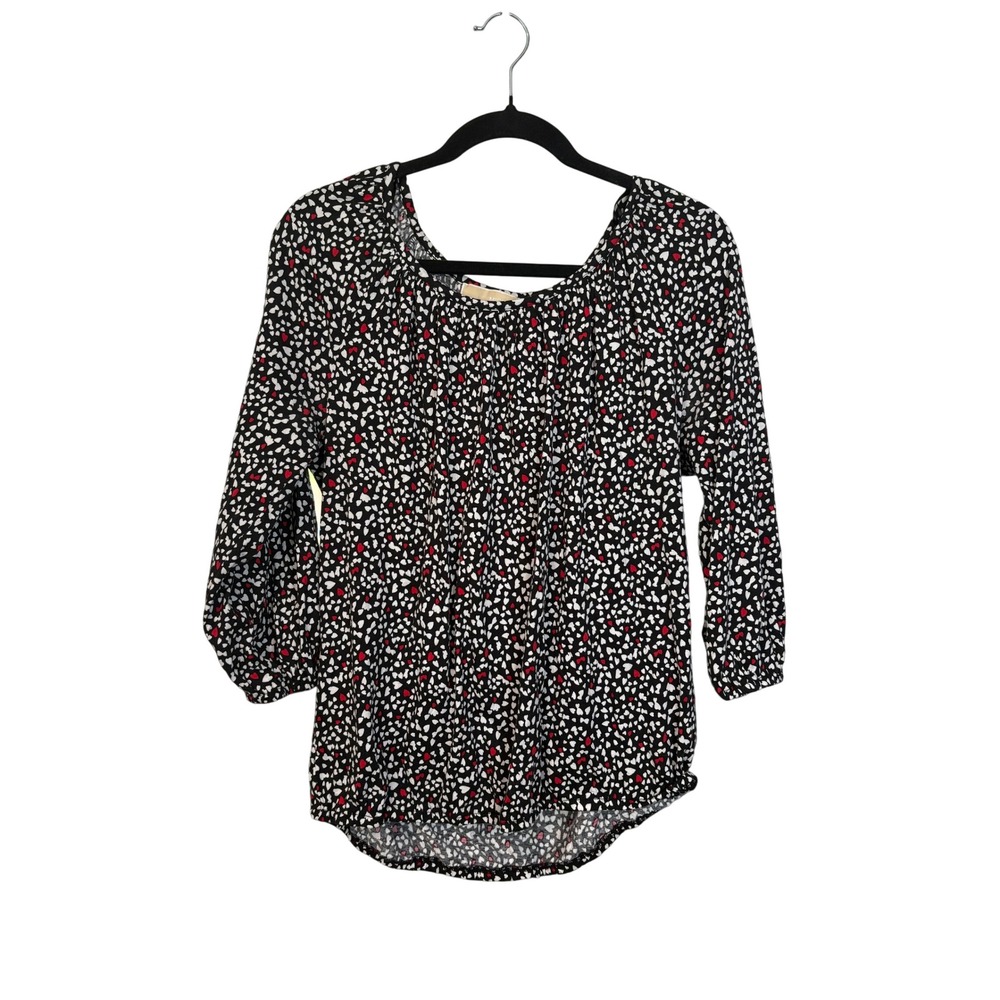 Michael Kors Heart Print Blouse Black Red White 3/4 Sleeve Medium